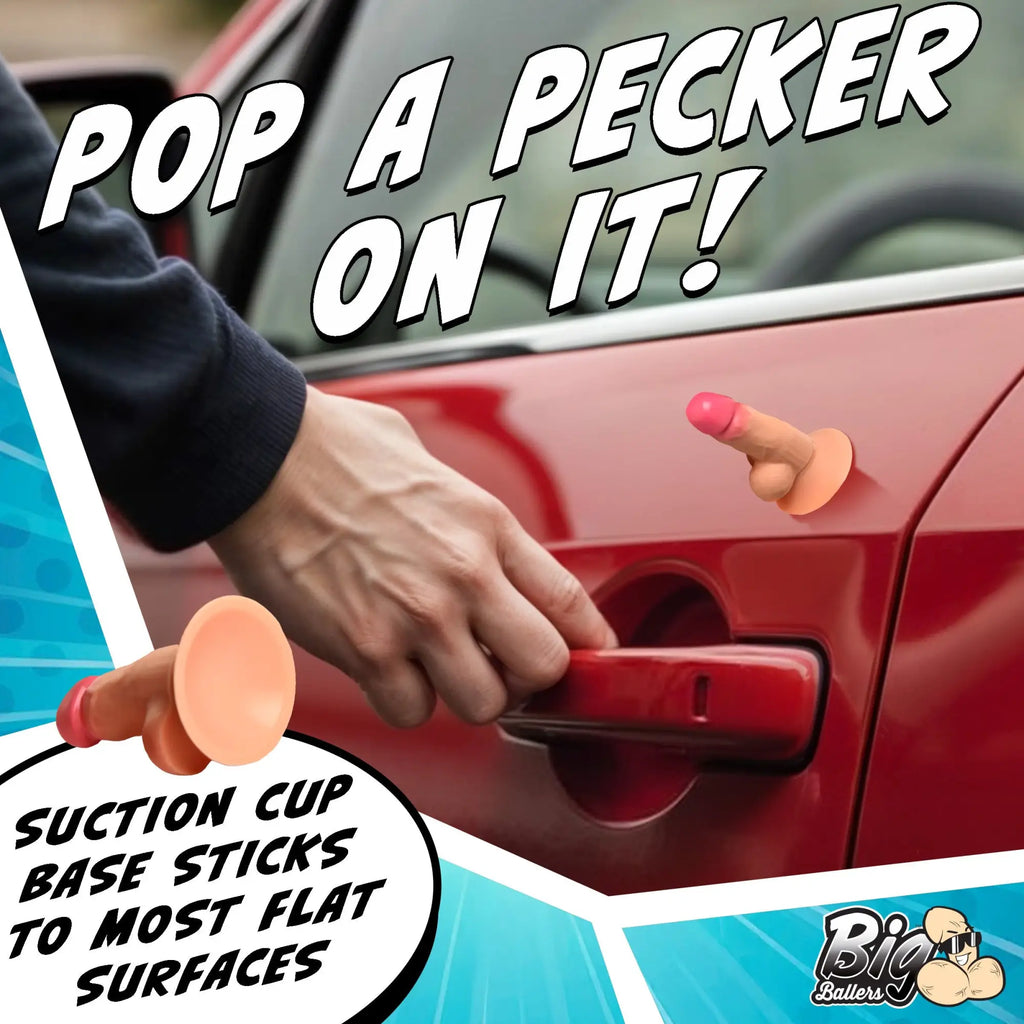 Big Ballers Suction Snap-On Pecker: A light-skinned, phallic-shaped novelty toy with a suction cup base on a car door.