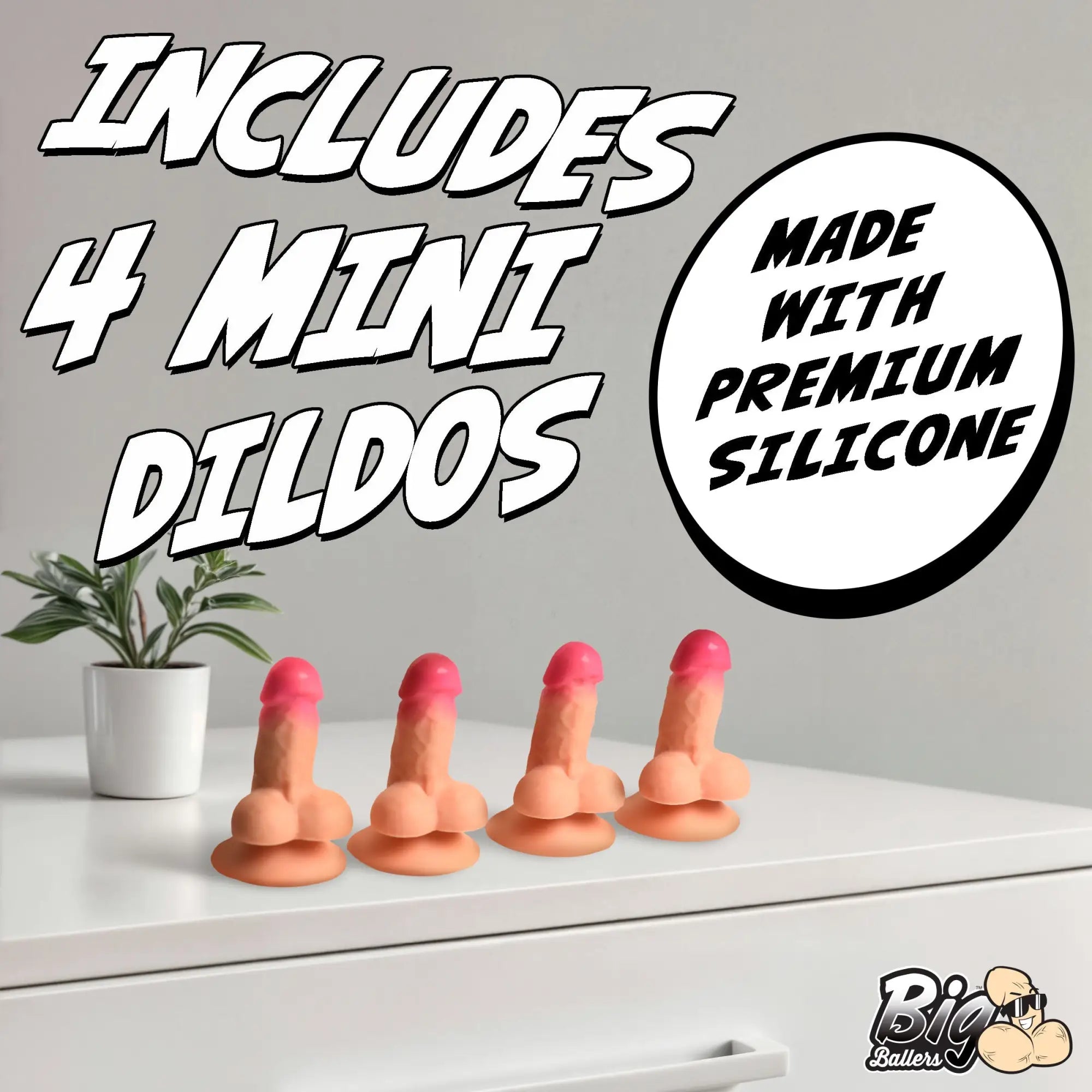 Big Ballers Suction Snap-On Peckers: Four small, tan, realistic silicone phallic figures with pink tips on a table.