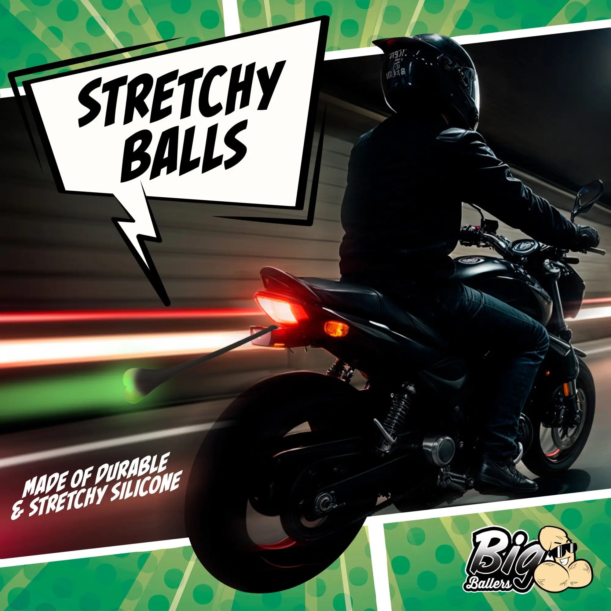 Big Ballers Teeny Weeny Truck Nuts: A black, stretchy silicone ornament attached to the rear of a motorcycle at night.