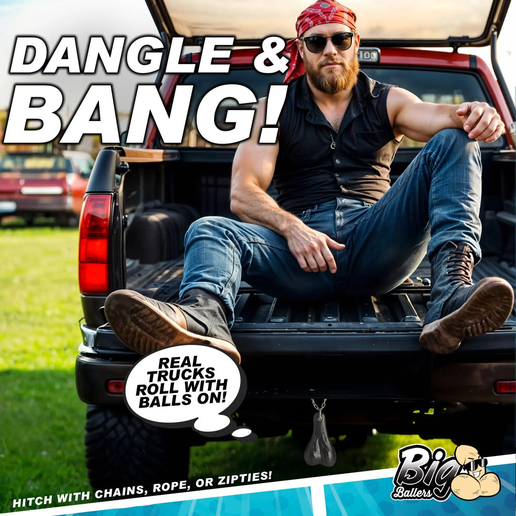 A bearded man in a red bandana sits on a truck tailgate featuring Big Ballers Truck Nuts hanging from the bumper.