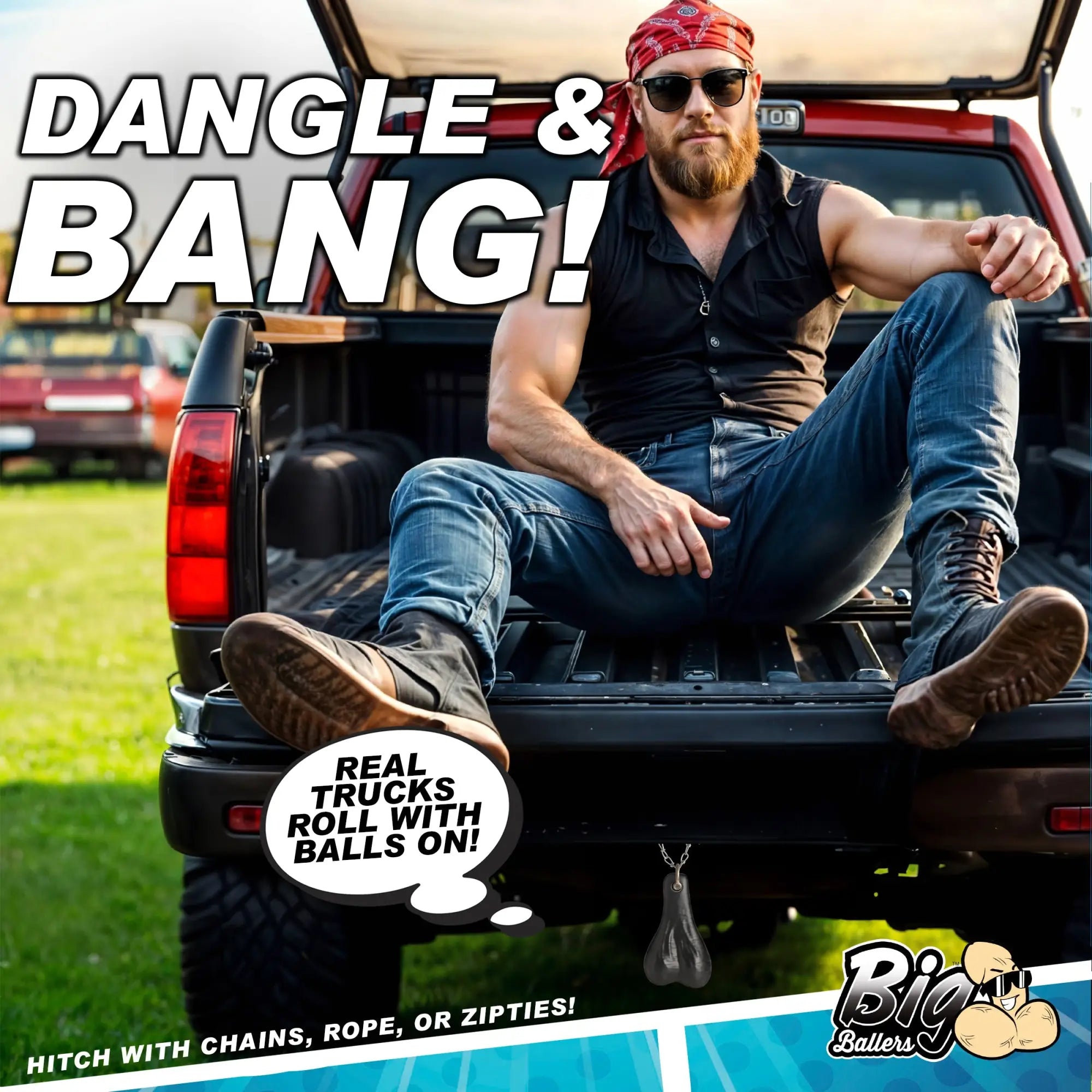A bearded man in a red bandana sits on a truck tailgate featuring Big Ballers Truck Nuts hanging from the bumper.