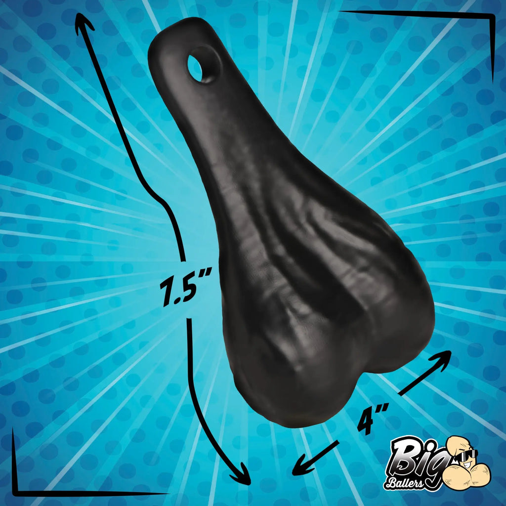Big Ballers Truck Nuts: A black, anatomical-style vehicle accessory with dimensions labeled on a blue sunburst background.