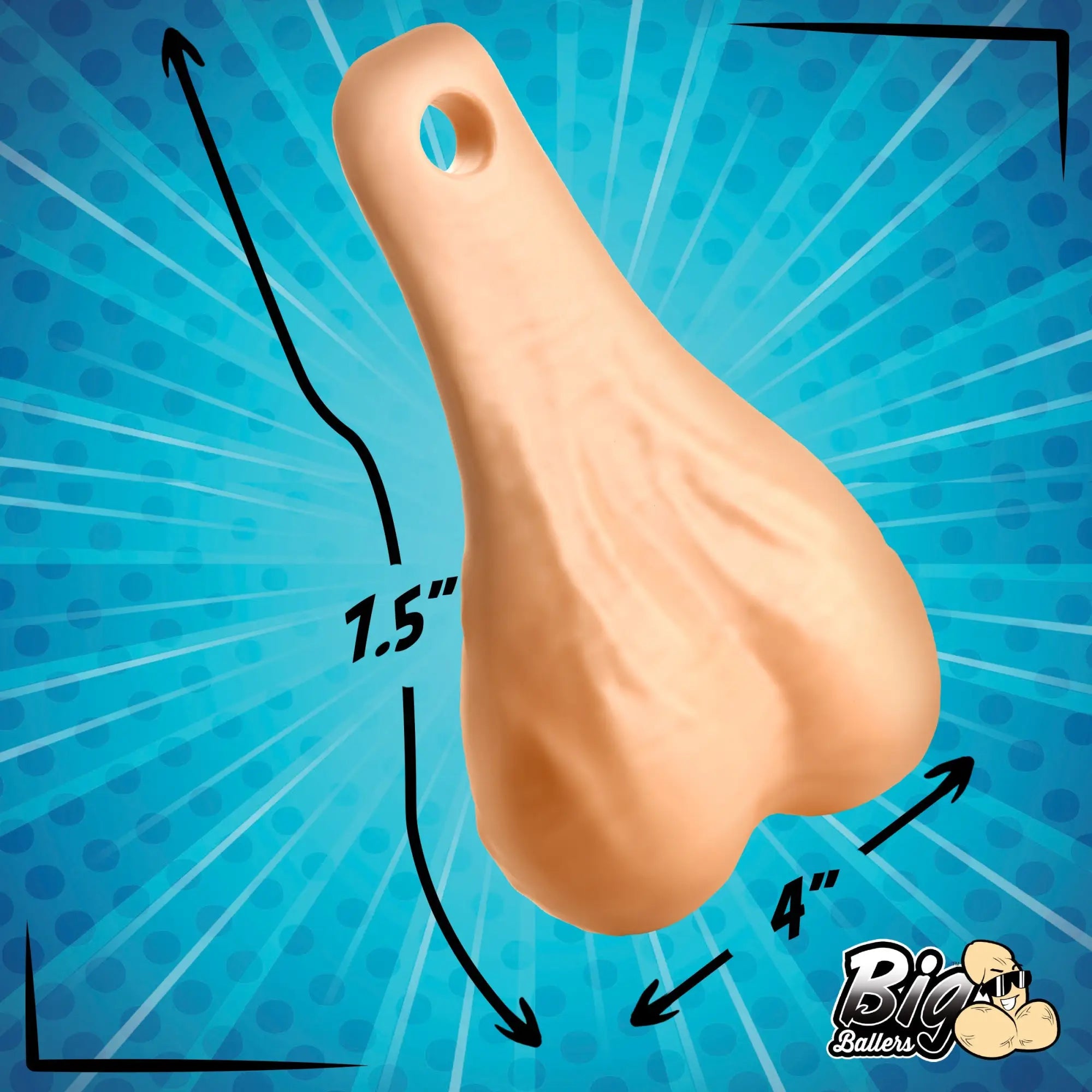 Big Ballers Truck Nuts: A tan, textured, anatomical novelty accessory with dimensions shown on a blue starburst background.