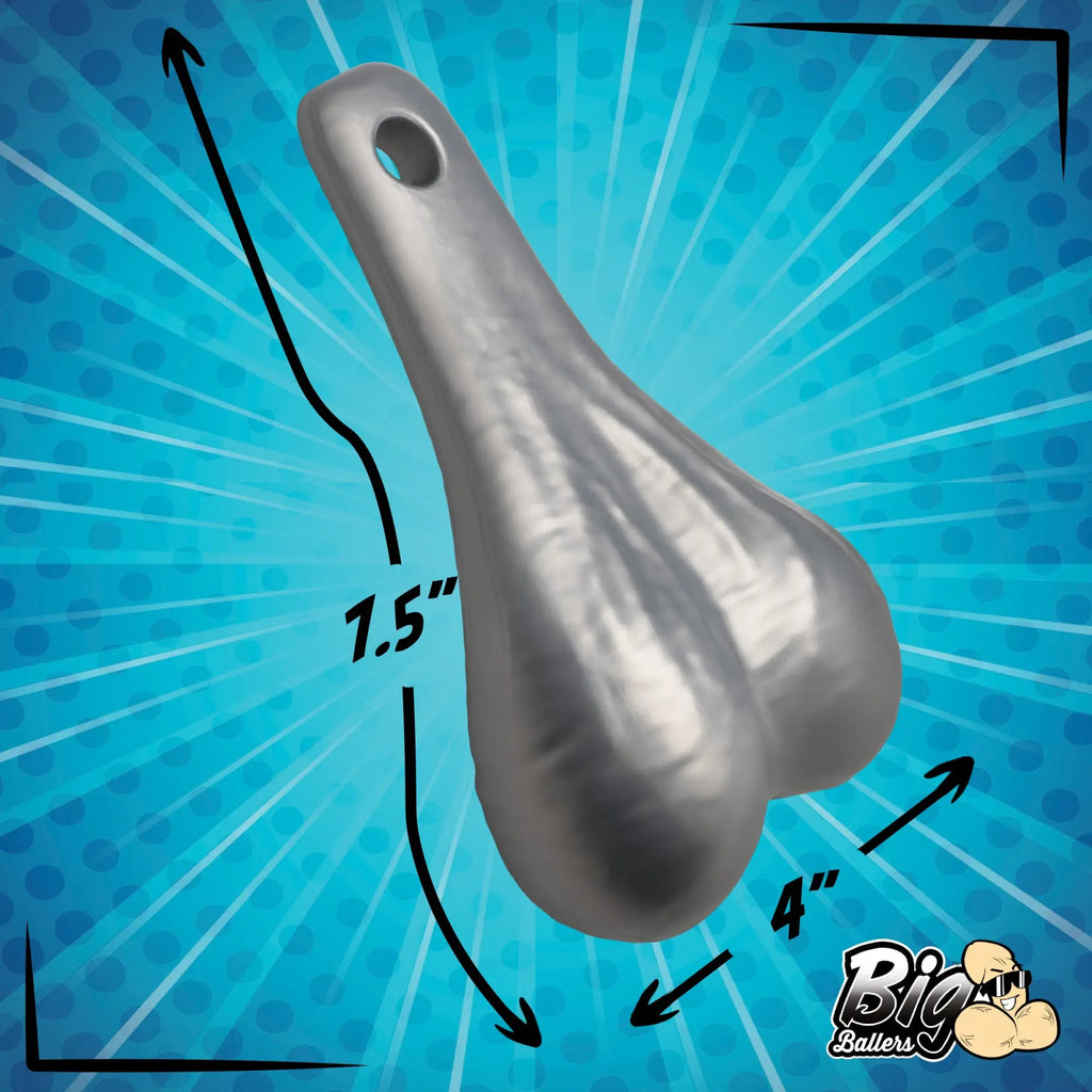 Big Ballers Truck Nuts: A silver-colored, scrotum-shaped vehicle accessory with 1.5-inch and 4-inch dimension arrows.