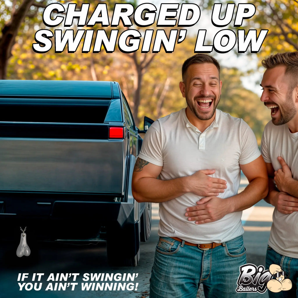Two men laughing next to a truck with silver Big Ballers Truck Nuts hanging from the rear bumper.