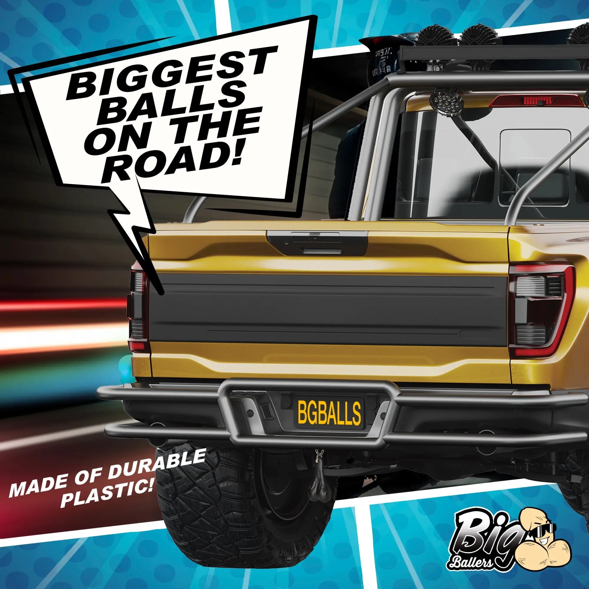 Big Ballers Truck Nuts hanging from the bumper of a yellow pickup truck against a comic-book style background.