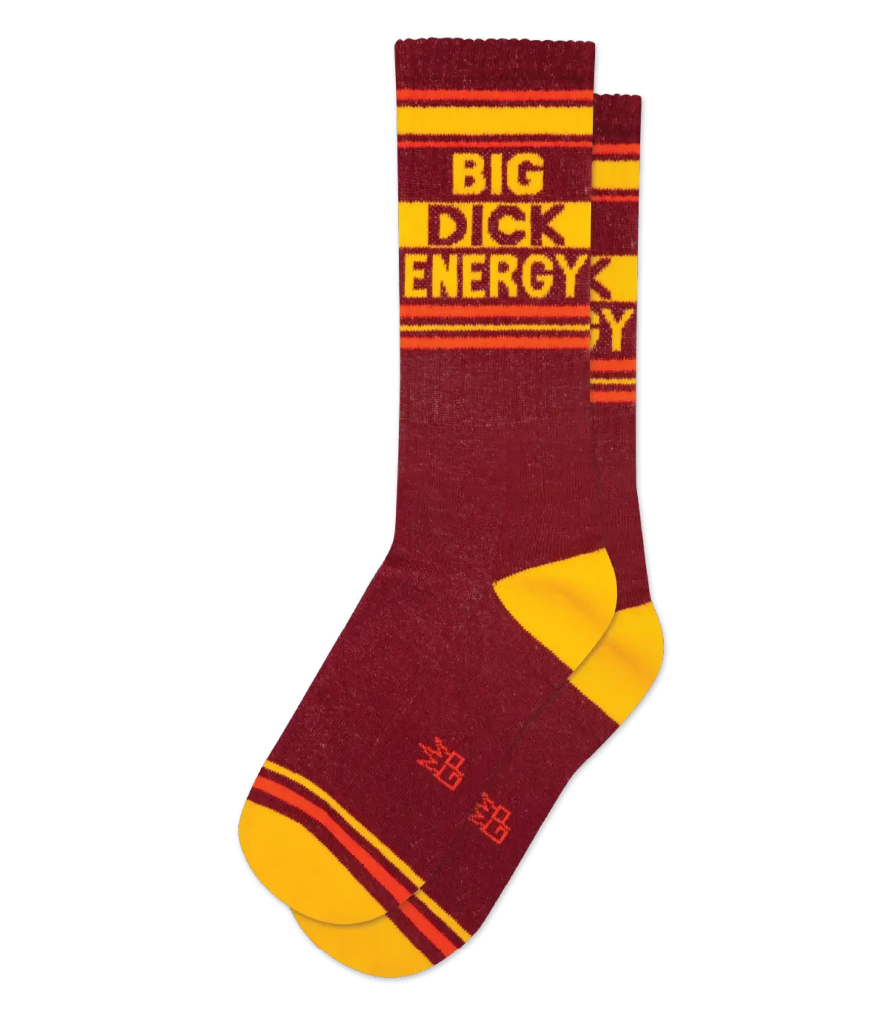 Maroon and yellow striped crew socks with big dick energy printed in bold black letters across the top