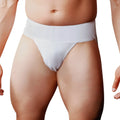 Big mans athletic supporter jockstrap in white with textured breathable fabric and elastic waistband for support