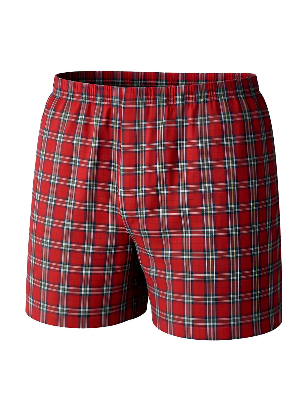 Big mans woven boxers broadcloth 2-pack red plaid with elastic waistband and green white black intersecting lines
