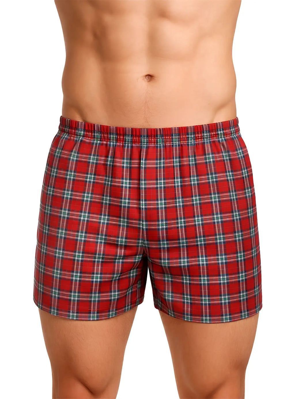 Big mans woven boxer 2-pack in red plaid broadcloth with elastic waistband featuring green and white intersecting lines