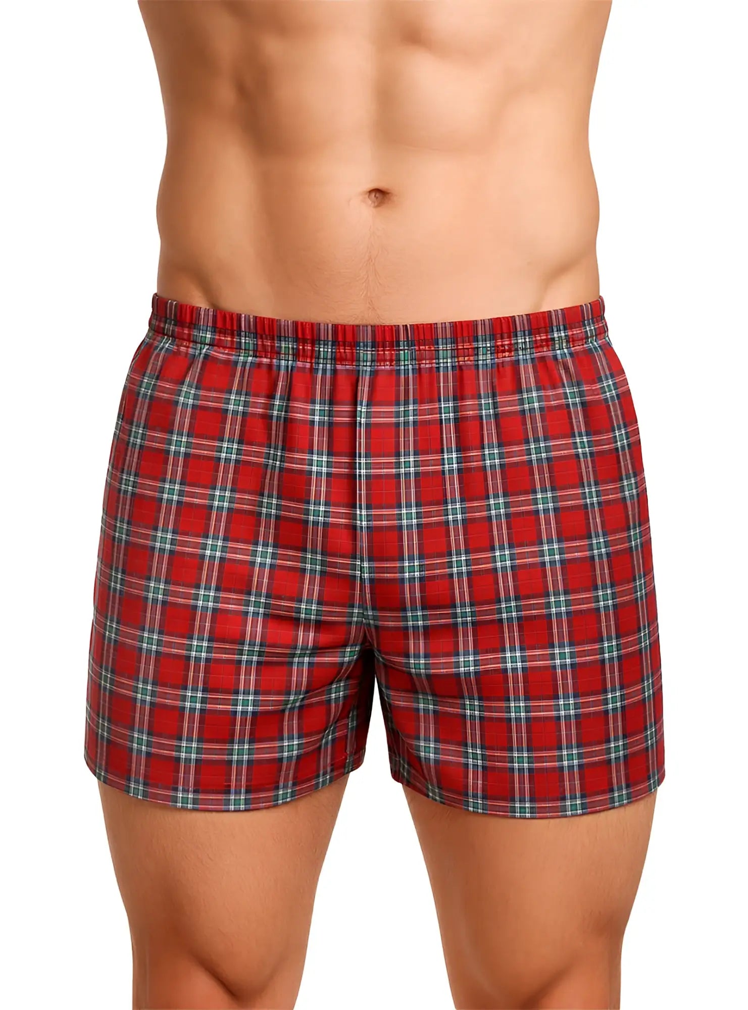 Big mans woven boxer 2-pack in red plaid broadcloth with elastic waistband featuring green and white intersecting lines