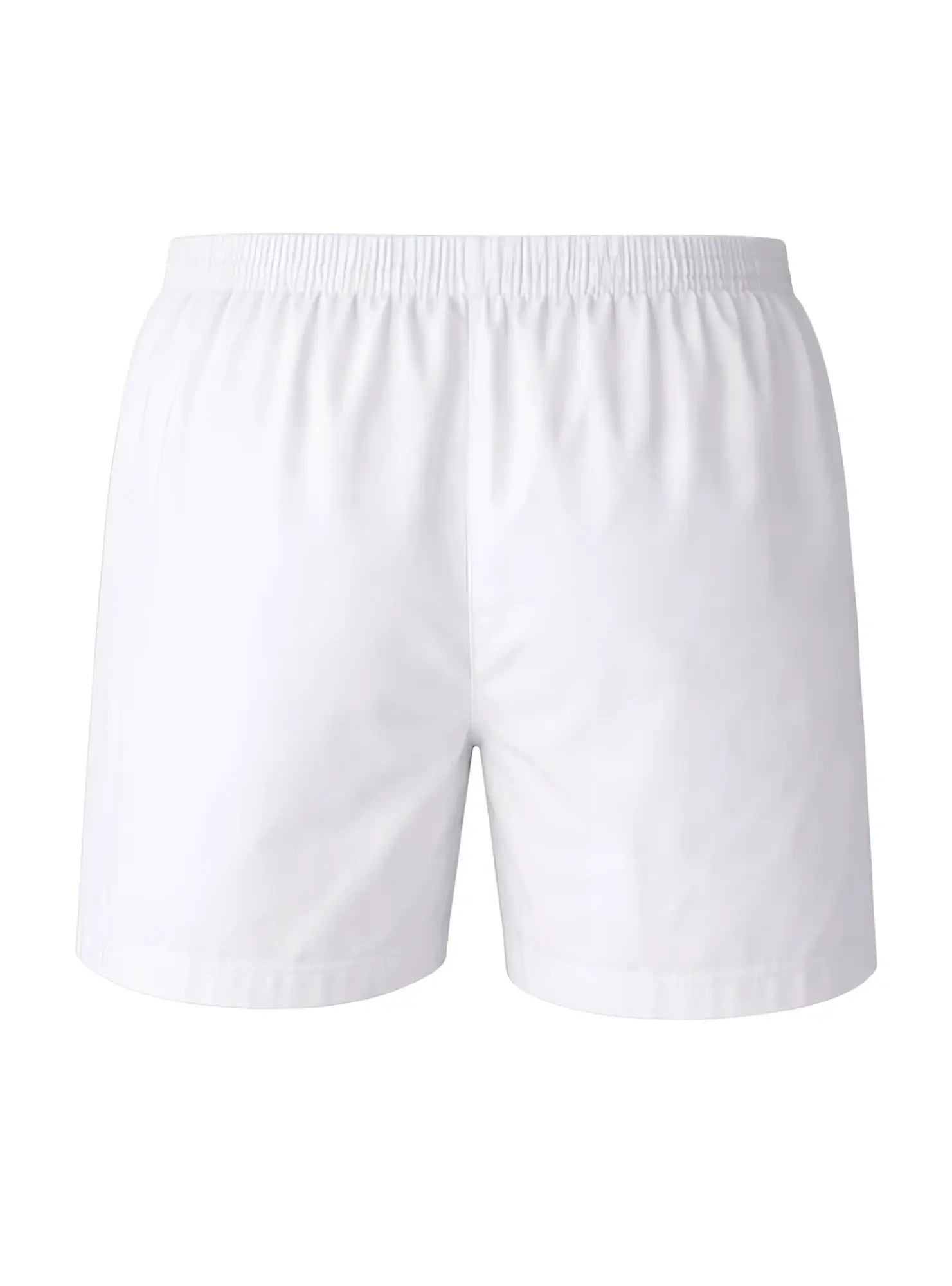 Big man’s woven boxer shorts in white cotton broadcloth with elastic waistband shown from front view