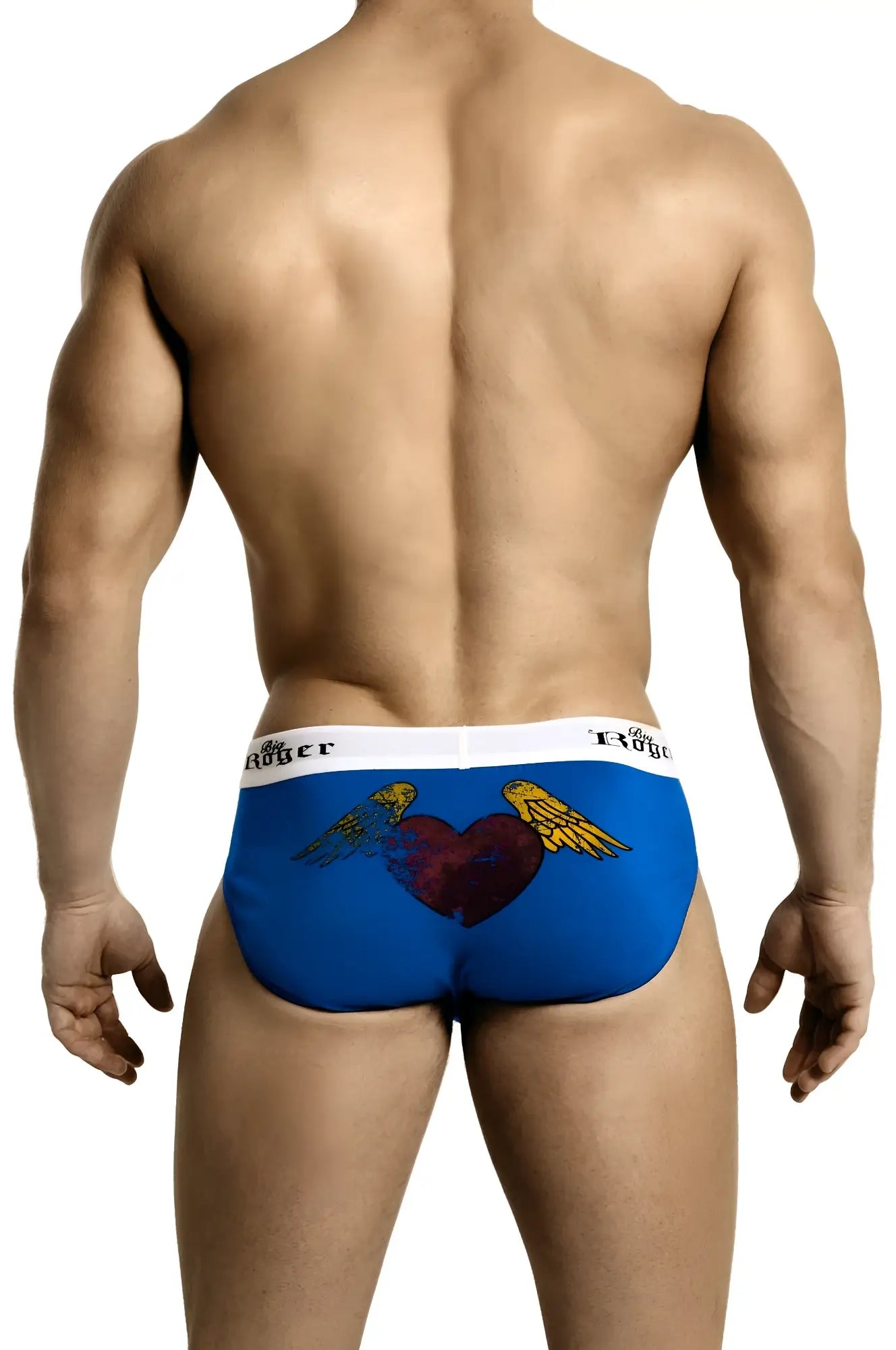 Blue low-rise sport briefs featuring a red heart with golden wings and a white roger branded waistband