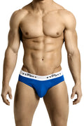 Blue low-rise sport briefs with a white waistband featuring the Big Roger logo in men’s underwear design
