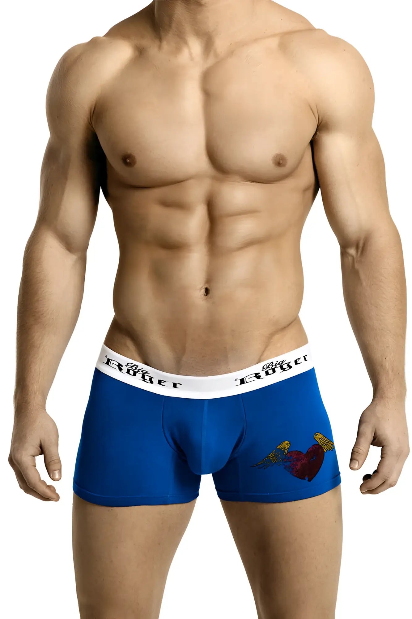 Big roger blue low-rise sport trunk men’s boxer briefs with white rober waistband and red heart wings graphic front