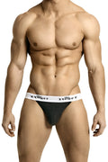 Black textured briefs with a white waistband featuring the big roger logo in black script low-rise jockstrap