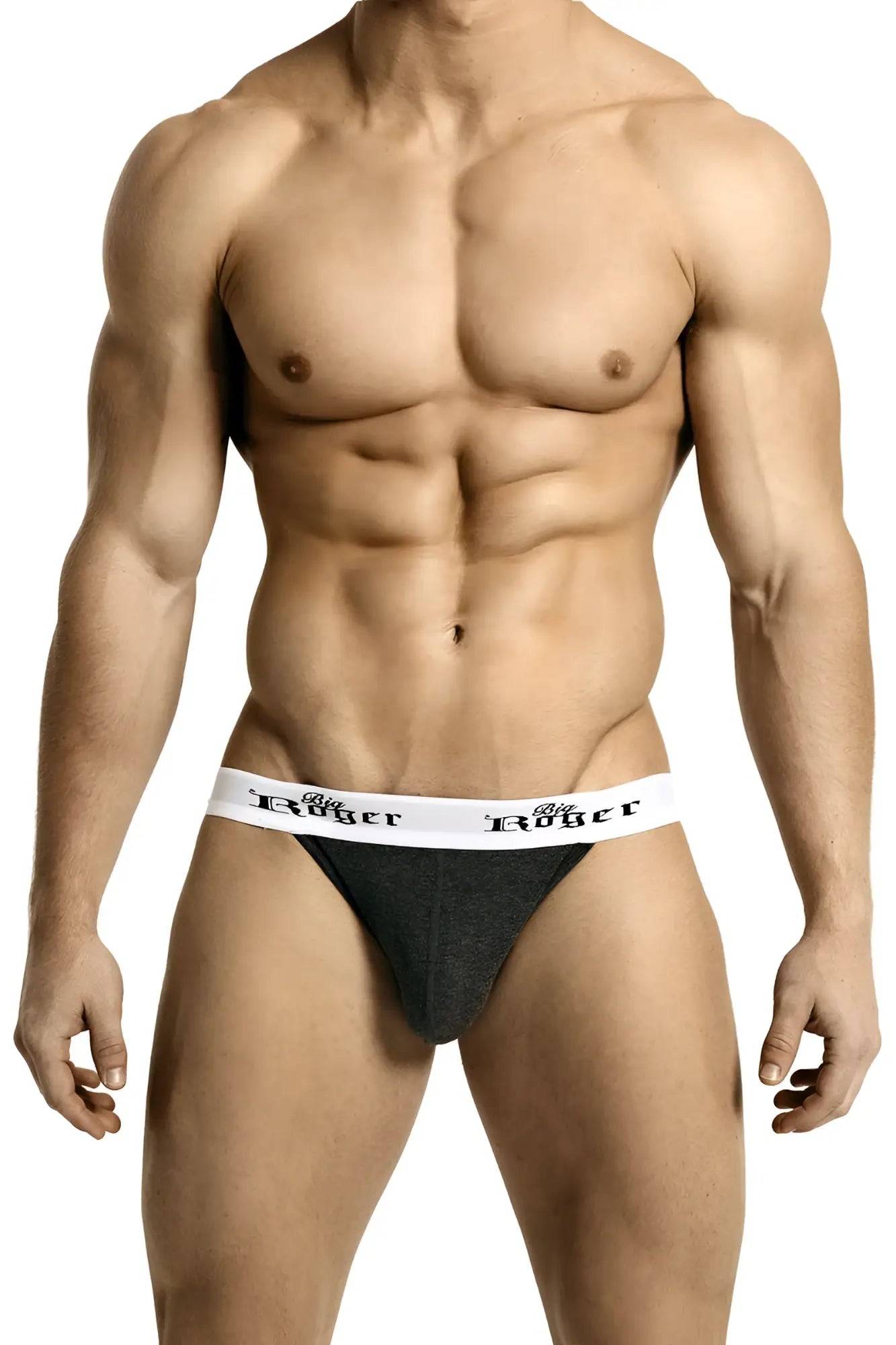 Black textured briefs with a white waistband featuring the big roger logo in black script low-rise jockstrap