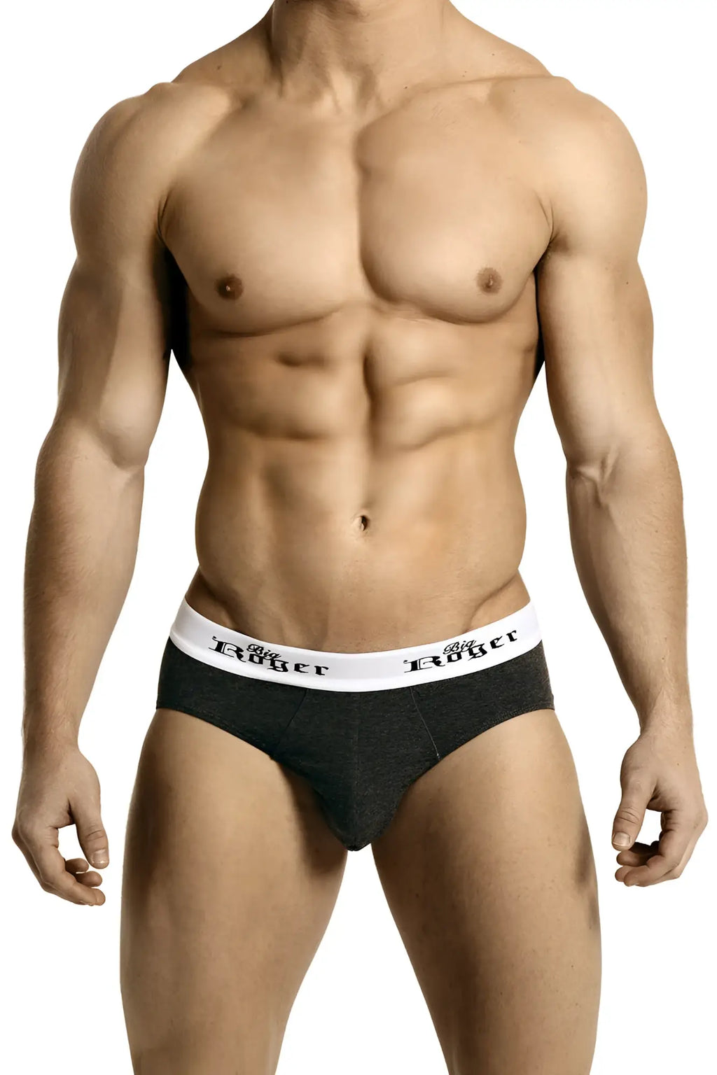 Dark gray roger men’s low-rise sport briefs with white elastic waistband and black brand name lettering
