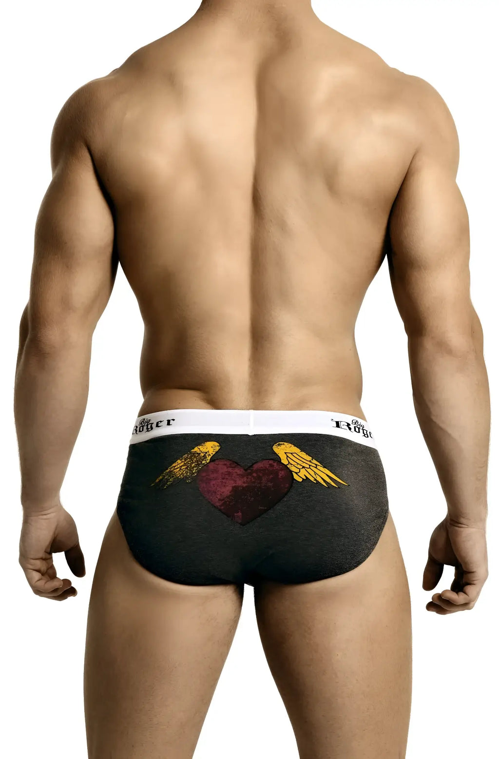 Big Roger grey low-rise sport brief in dark gray textured fabric with maroon heart and golden wings and white ever waistband
