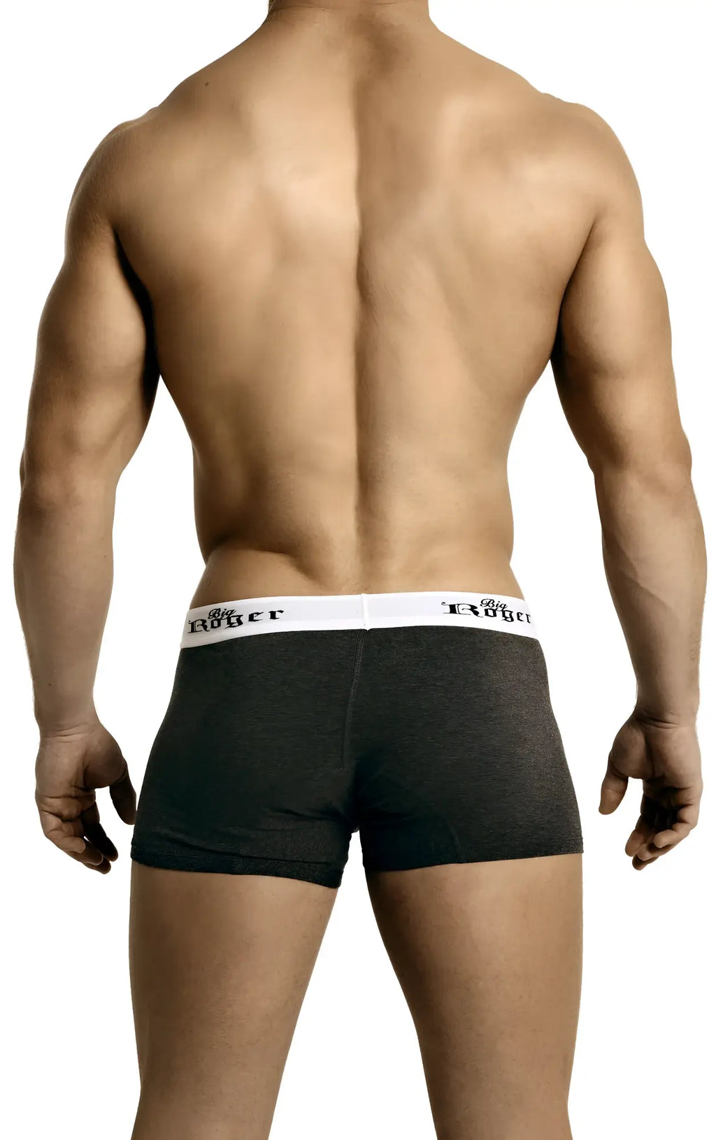 Big roger grey low-rise sport trunk boxer briefs in black heathered fabric with white evocer branded waistband