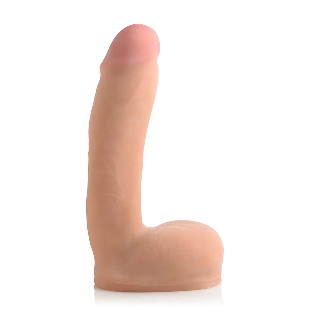 Big Shots 8.5-inch dual density squirting dildo in realistic skin tone with textured surface and base.