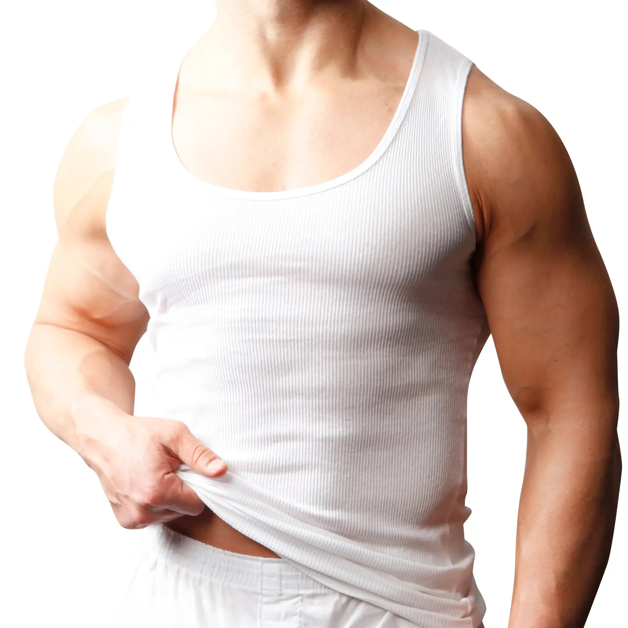 Big and tall white ribbed cotton tank top with scoop neckline in a 2-pack for men