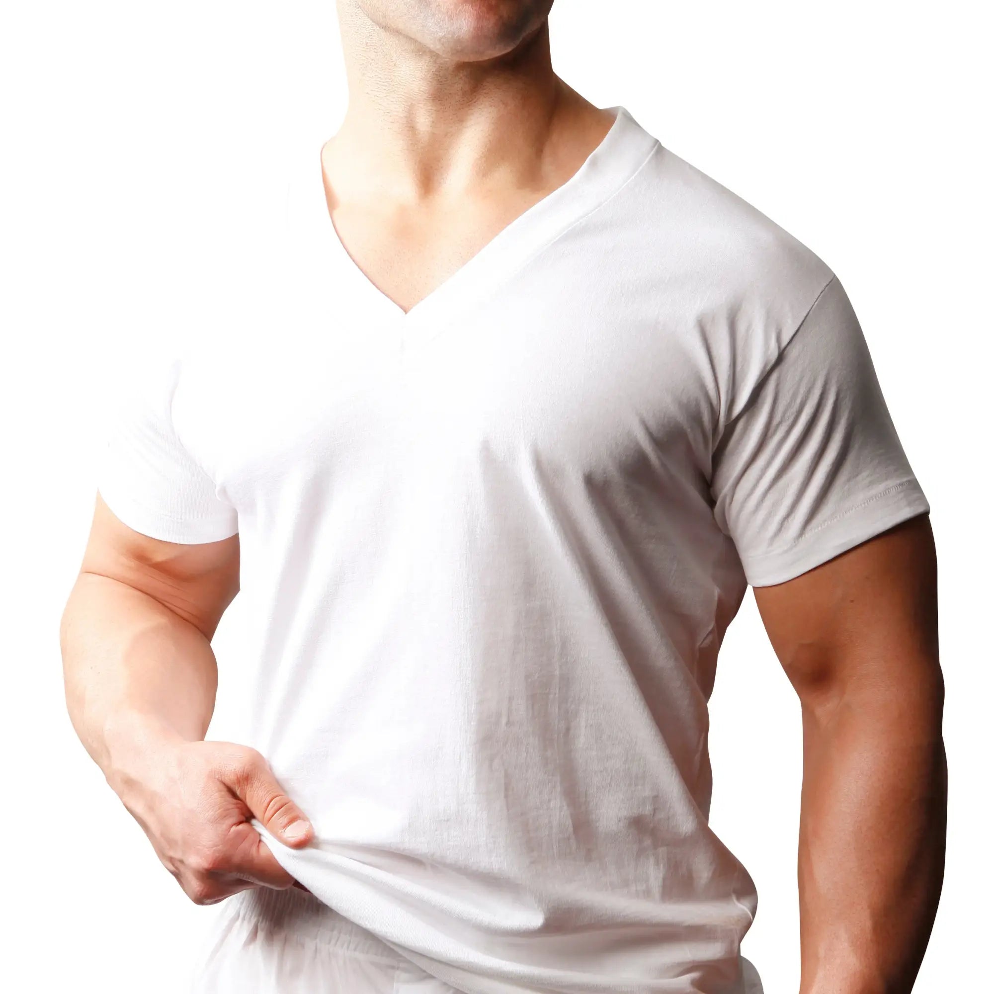 White v-neck cotton t-shirt with short sleeves for big and tall men in a 2-pack cotton v-neck t-shirt set