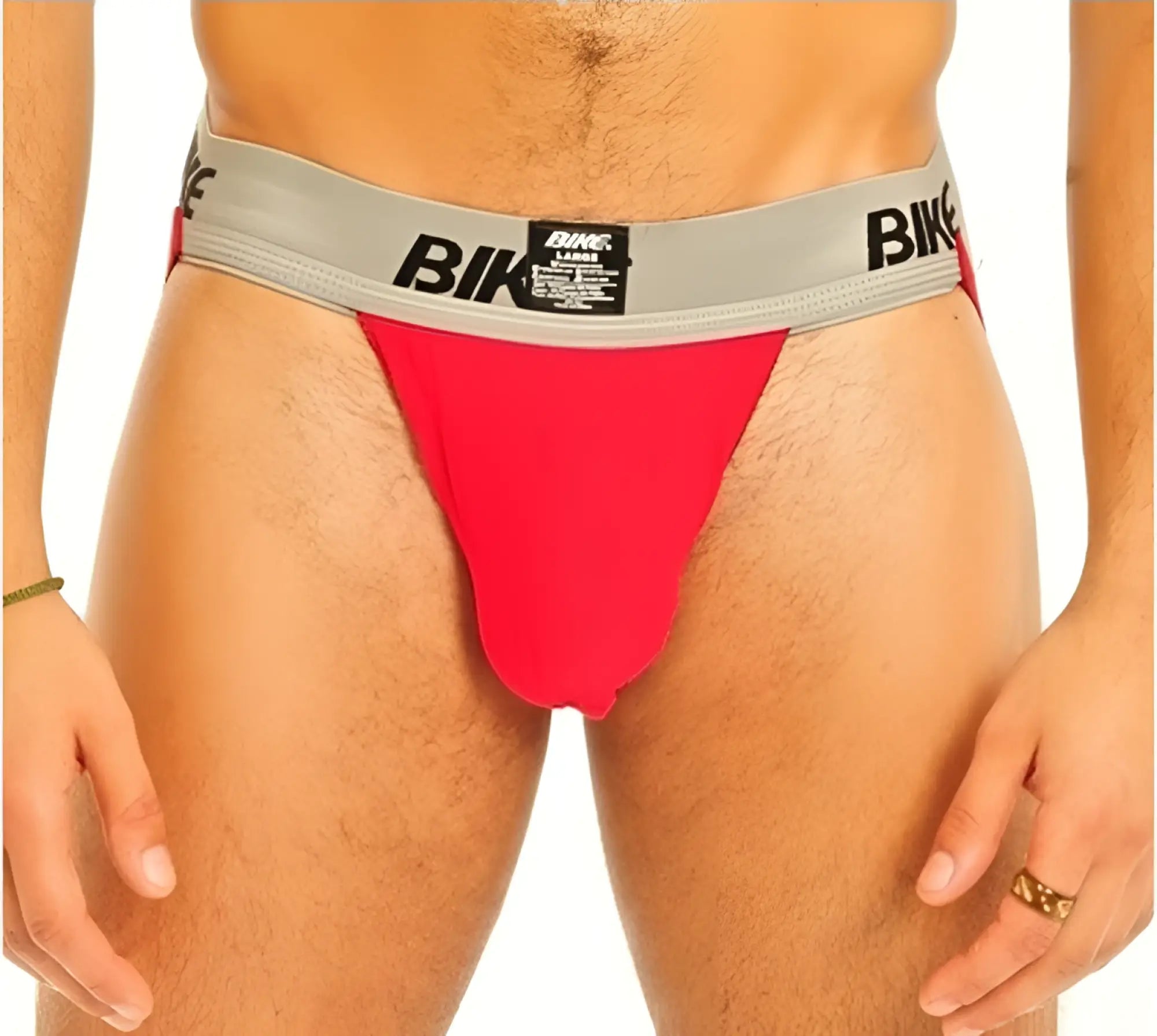 Red bike 2 inch performance cotton supporter jock strap underwear with gray waistband and black lettering size l