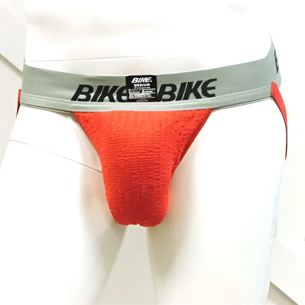 Red textured cotton athletic briefs with gray waistband and bike bike logo performance supporter jock strap size l