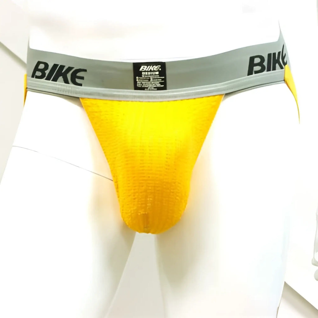 Bright yellow bike 2 inch performance cotton supporter jock strap underwear with gray waistband size L
