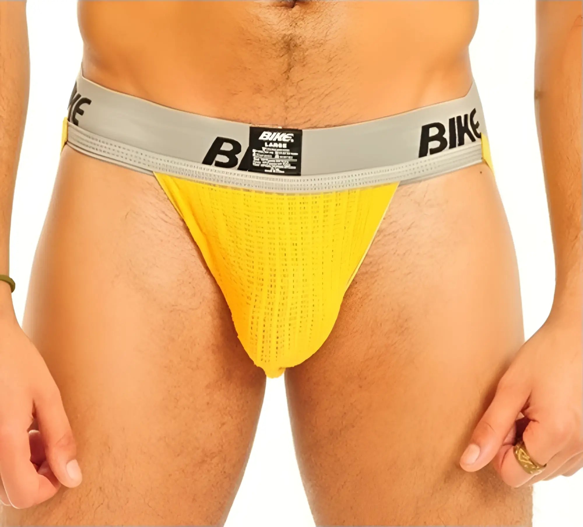 Yellow mesh bike brief with gray waistband and black bike branding in size xl for performance cotton support underwear