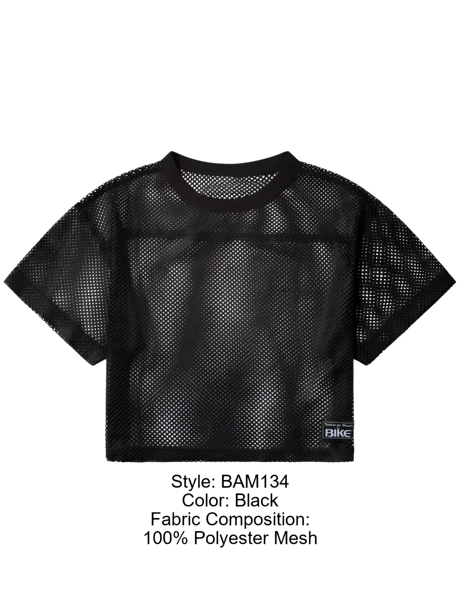 Black cropped mesh top with round neckline short sleeves made of 100% polyester from bike athletic bam134 jersey