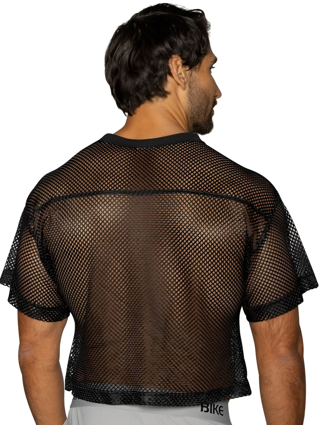 Black mesh crop top with short sleeves and ribbed neckline from BIKE Athletic BAM134 practice jersey in bold black color