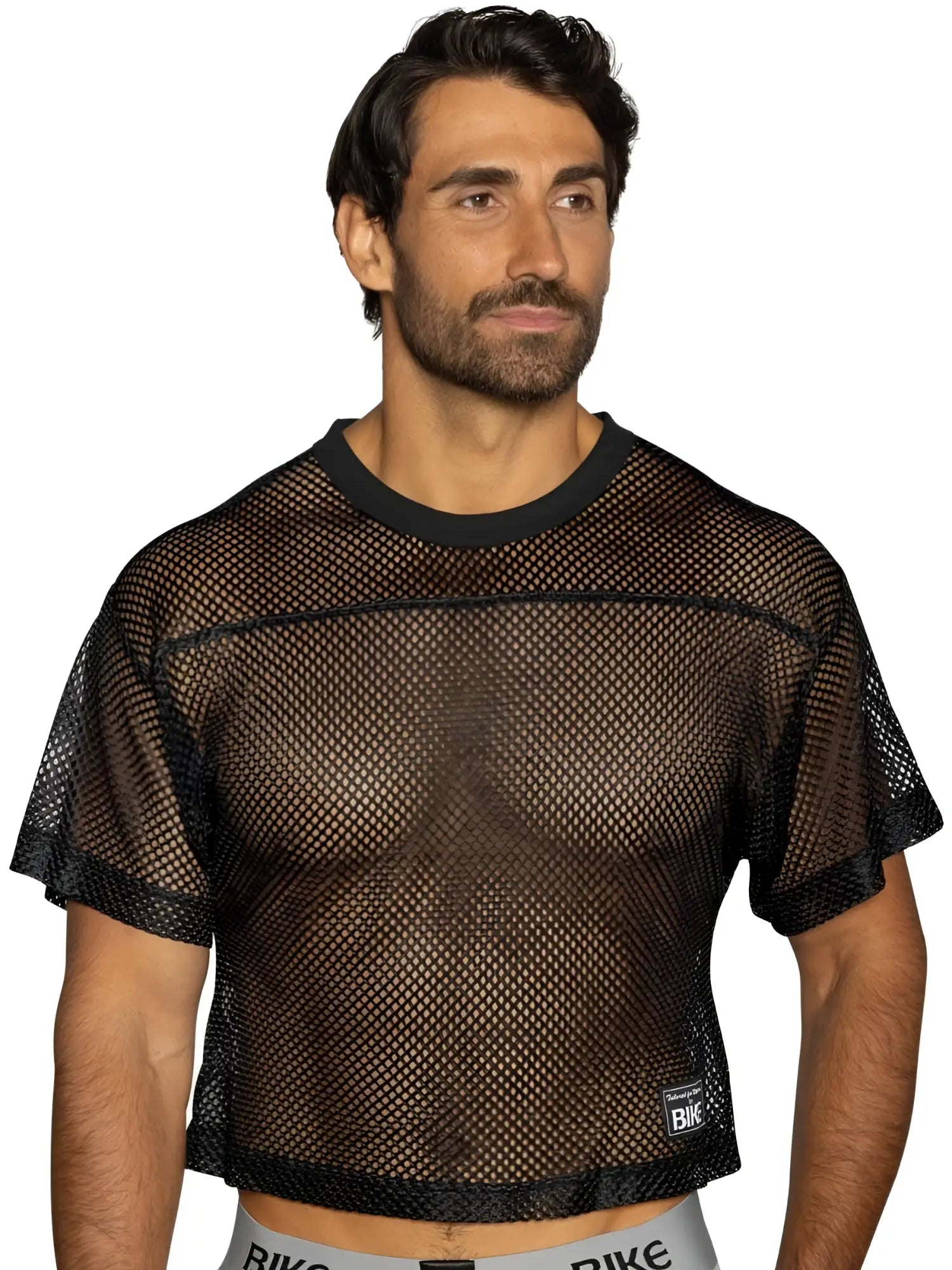 Black mesh crop top with solid ribbed neckline and short sleeves from bike athletic bam134 practice jersey in bold black