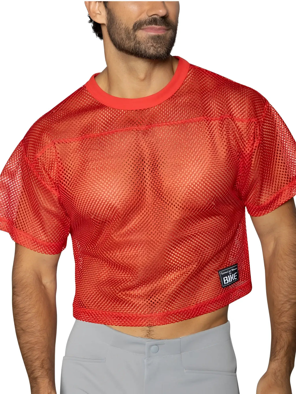 Red mesh crop top bike athletic bam134 jersey in bright red with solid ribbed neckline and bike patch on lower left side