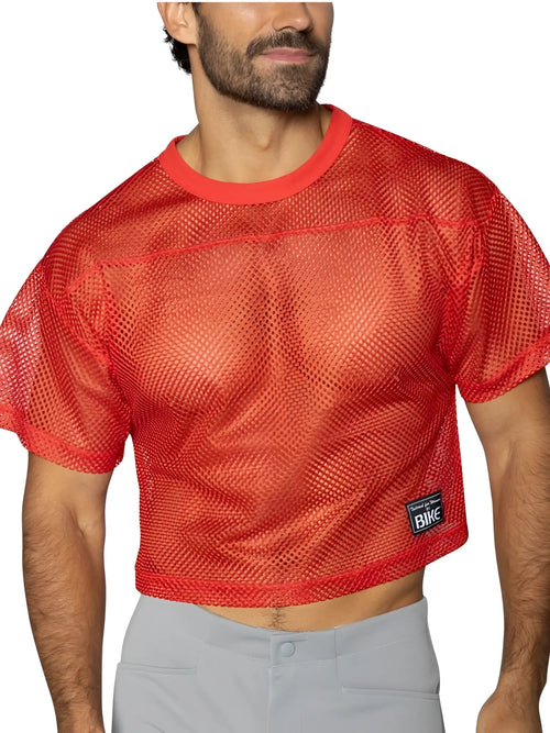 Red mesh crop top bike athletic bam134 jersey in bright red with solid ribbed neckline and bike patch on lower left side