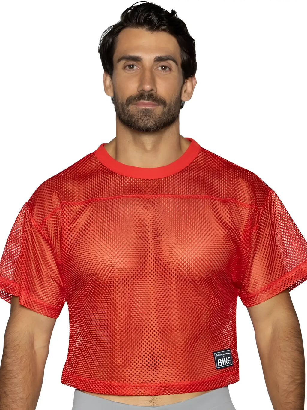 Red mesh crop top with solid red ribbed neckline hem and small black bike brand patch bright red bam134 jersey