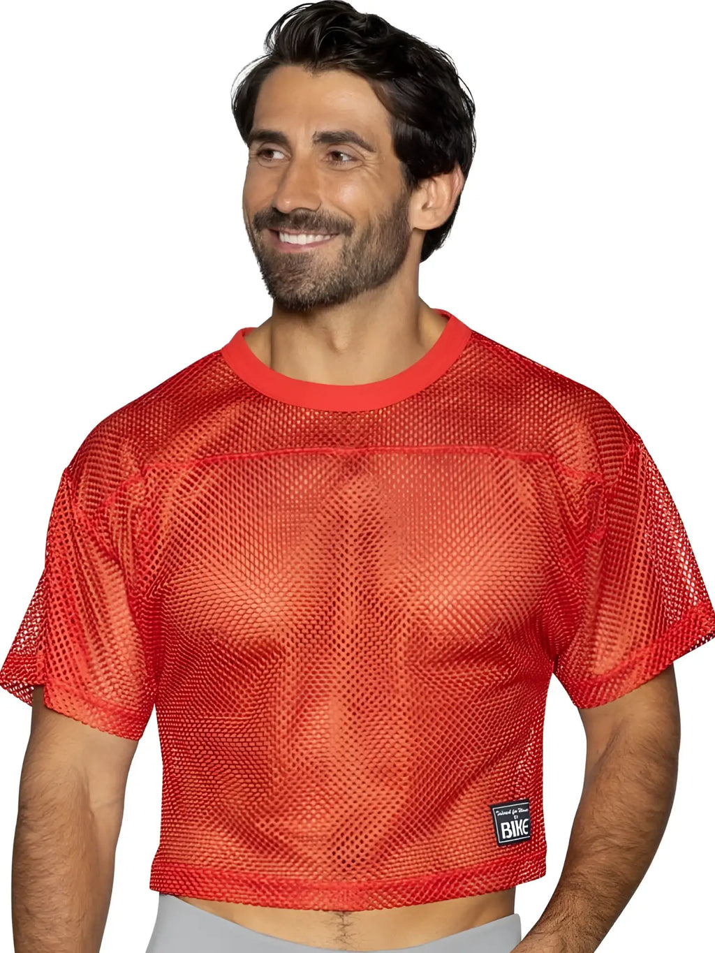 Red mesh crop top bike athletic bam134 short sleeve practice jersey in bright red with ribbed crew neckline and black label