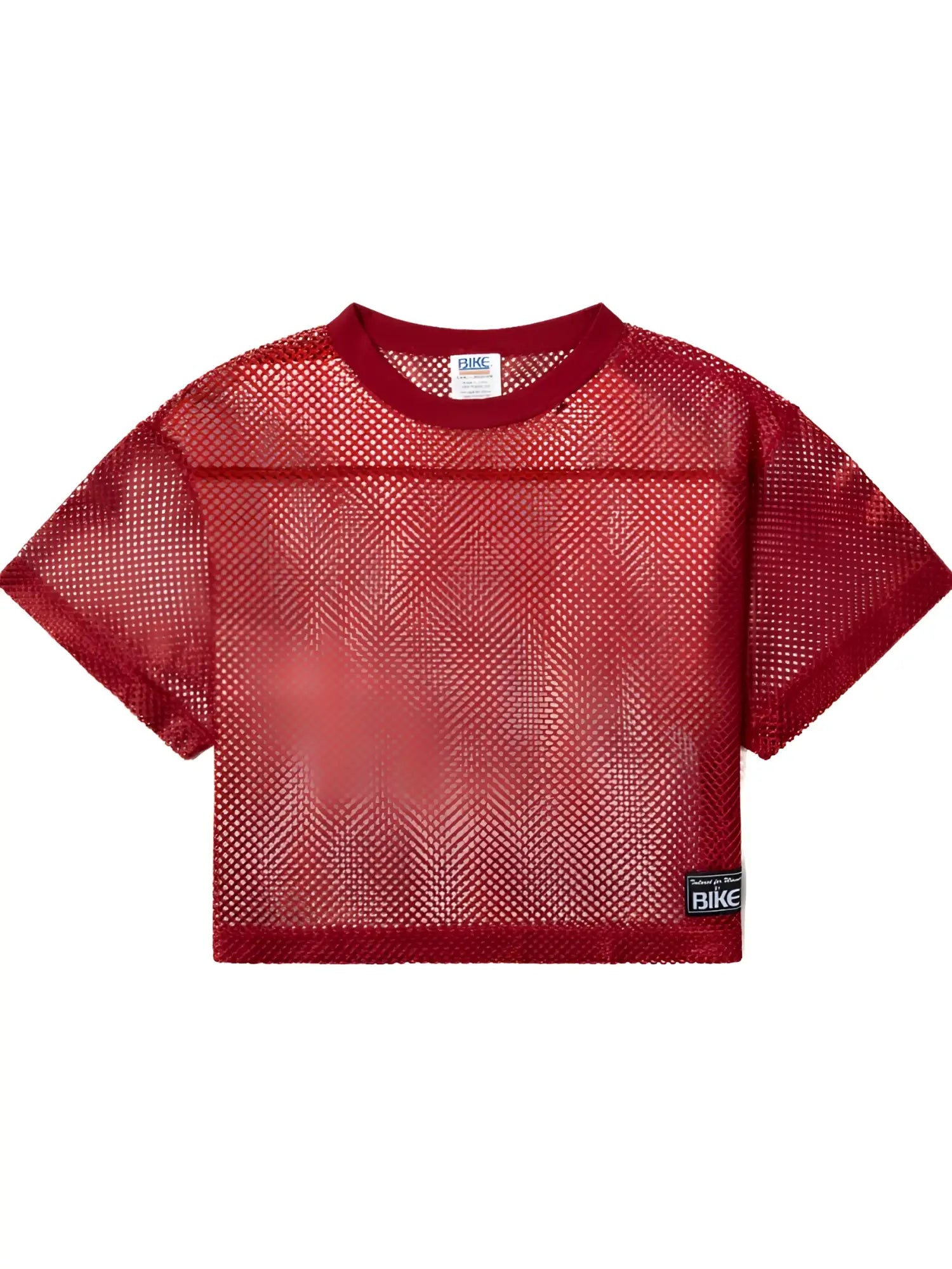 Red mesh crop top with ribbed crew neckline short sleeves and black bike patch in bright red for athletic use