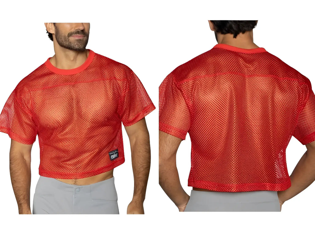 Bike athletic bam134 bright red mesh football jersey with short sleeves and cropped hem for practice use