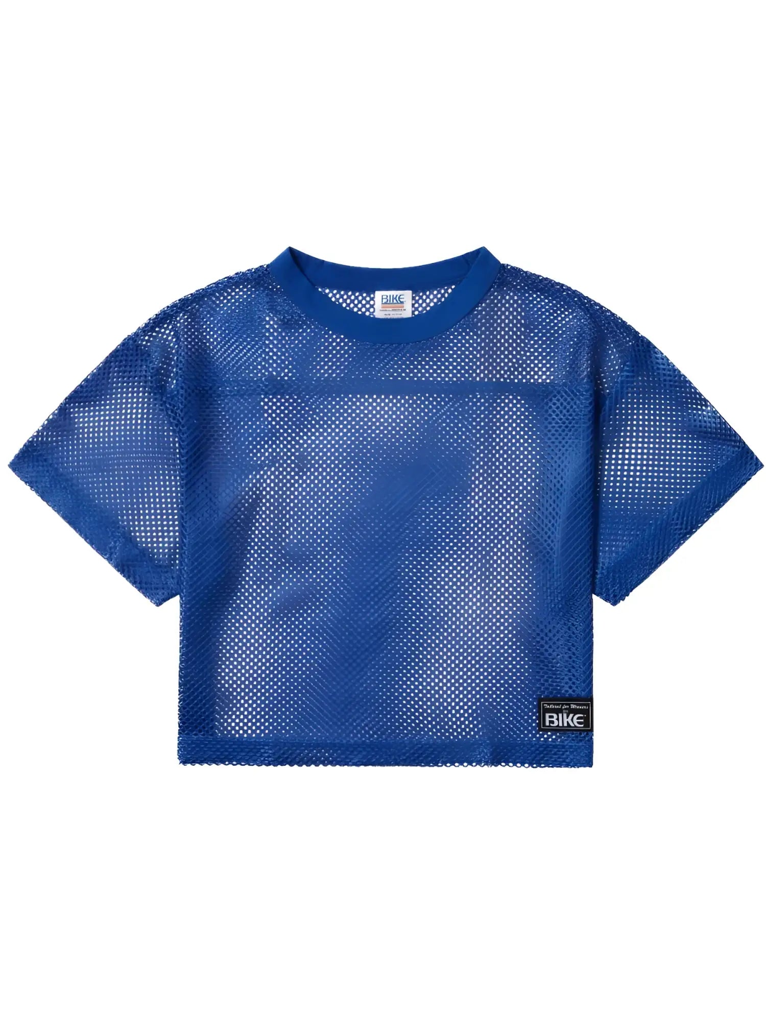 Blue mesh crop top with round neckline short sleeves and black bike branding on collar tag and lower right side