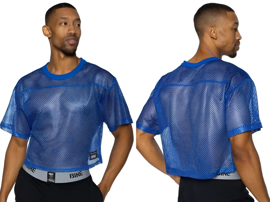 Blue mesh crop top with solid blue ribbed neckline and sleeve cuffs from BIKE athletic BAM134 royal short sleeve jersey