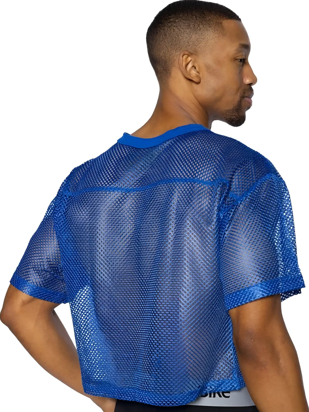 Blue mesh short sleeve athletic top with crew neckline for practice in royal color from BIKE BAM134 jersey series