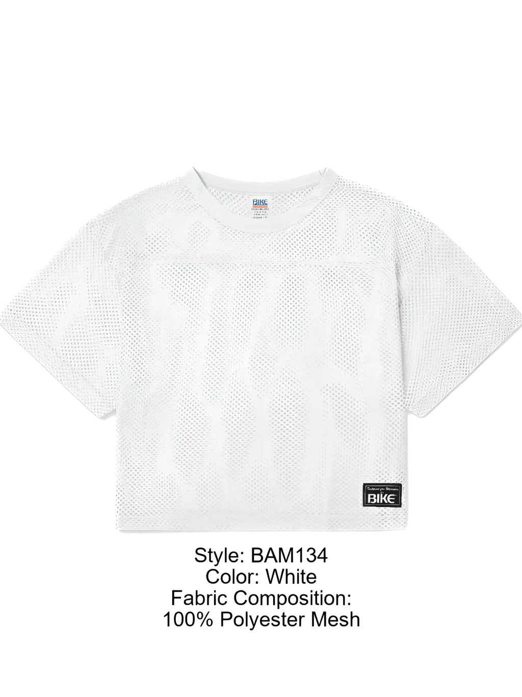 White cropped mesh jersey with v-neck and short sleeves made from 100 percent polyester for athletic use