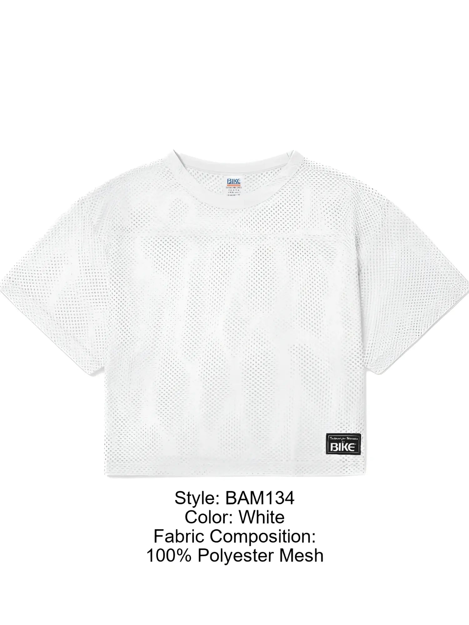 White cropped mesh jersey with v-neck and short sleeves made from 100 percent polyester for athletic use
