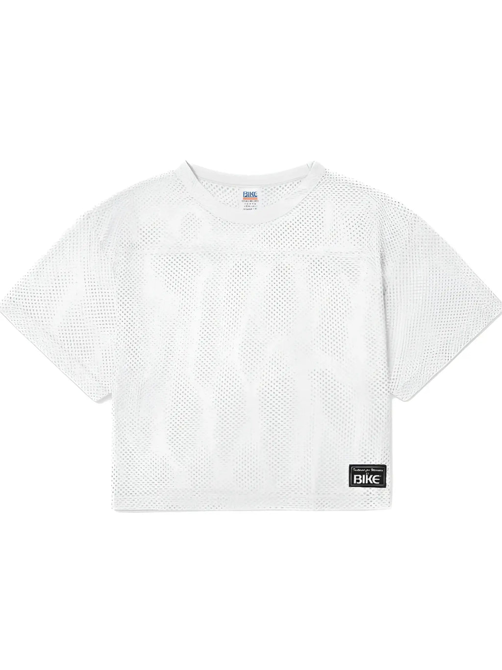 White mesh crop top with subtle geometric pattern and black bike label on lower right in bike athletic bam134 jersey