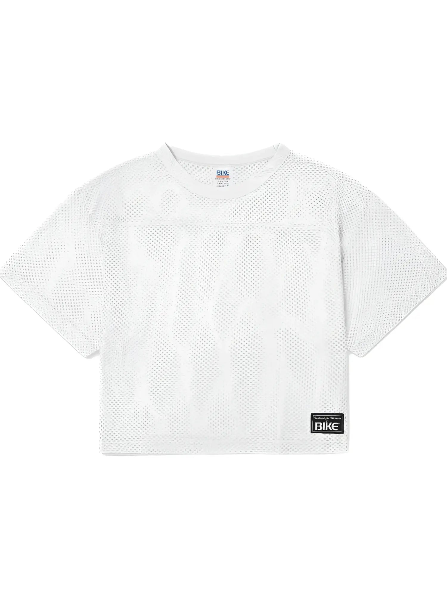 White mesh crop top with subtle geometric pattern and black bike label on lower right in bike athletic bam134 jersey