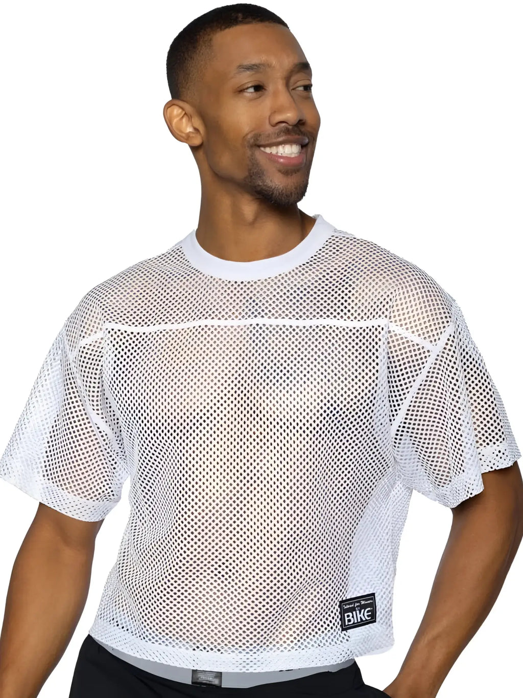 White mesh athletic short sleeve practice jersey with ribbed crew neckline and black bike logo patch