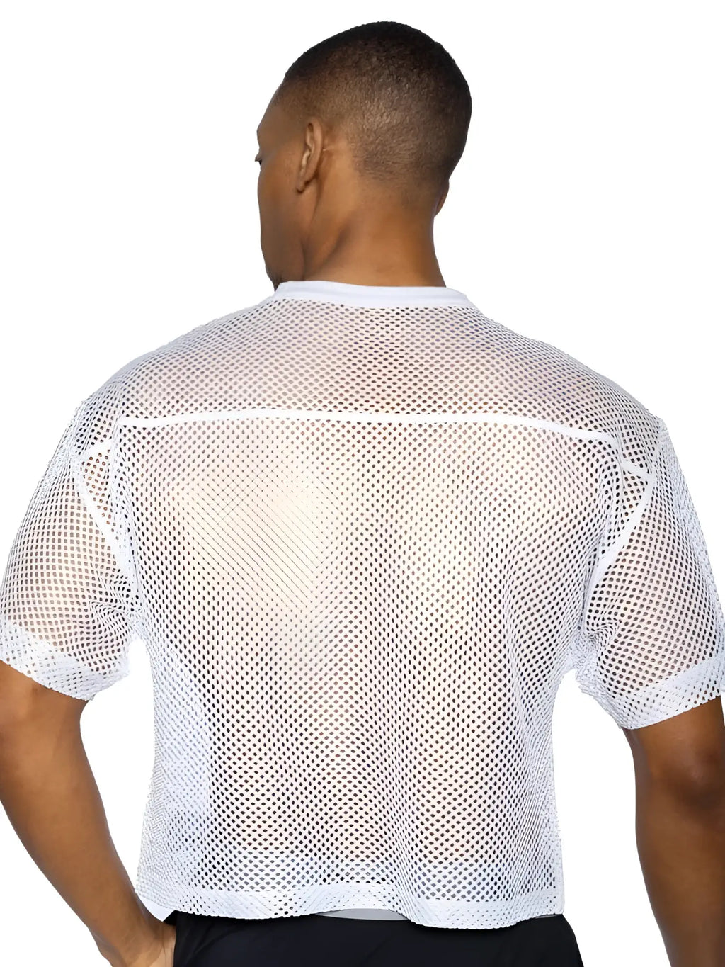 White mesh short sleeve athletic shirt with crew neck designed for bike practice and training use