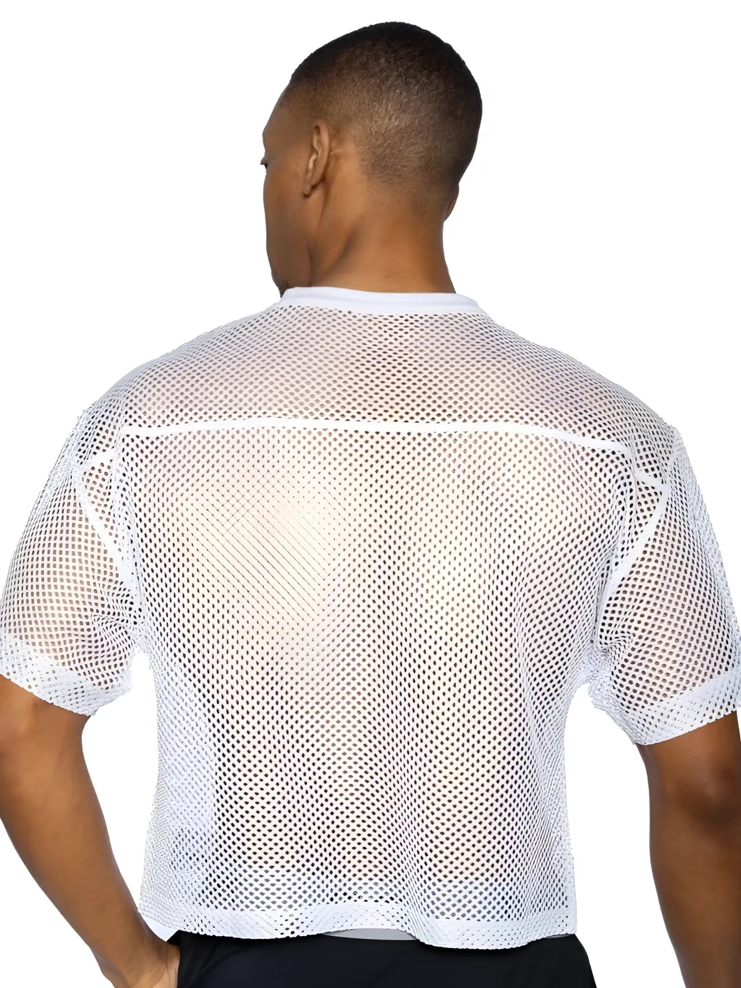 White mesh short sleeve athletic shirt with crew neck designed for bike practice and training use
